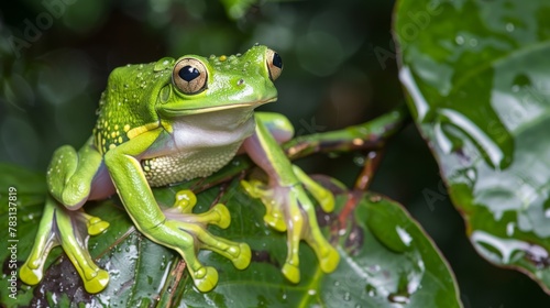 A green frog is perched on a green leaf  blending effortlessly with its surroundings. The frog is sitting calmly  its vibrant green skin contrasting against the leafs texture.