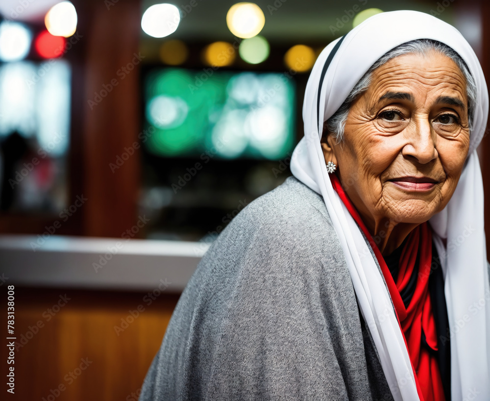 An elderly woman standing in front of a counter, wearing a white shawl and a red scarf. An elderly woman standing in front of a counter, wearing a white shawl and a red scarf.