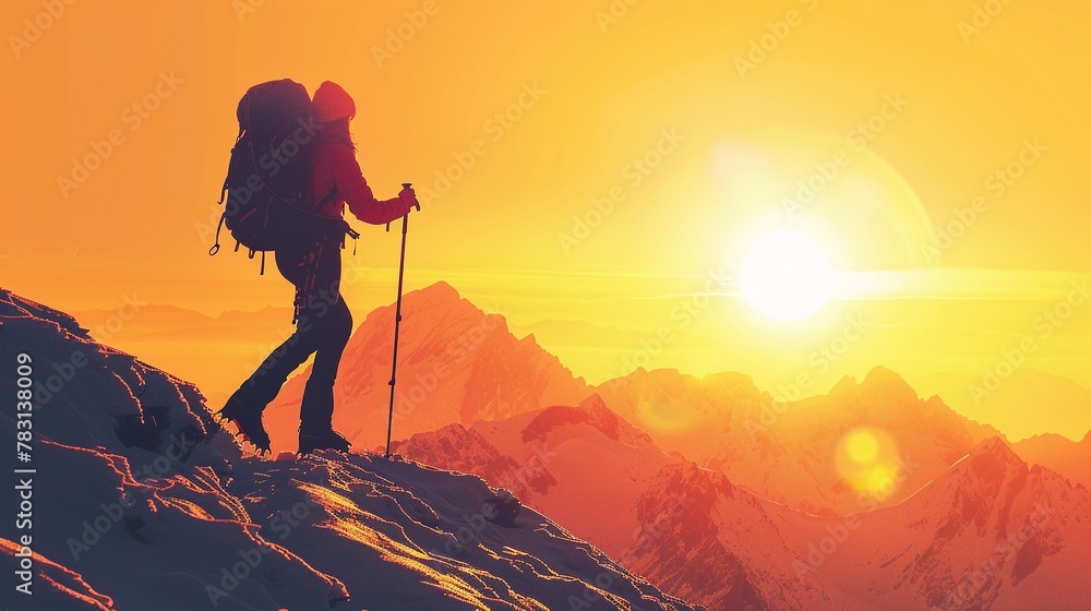 A female hiker reaching the summit at sunrise, the golden light illuminating her triumphant smile  isolated on white background clipart