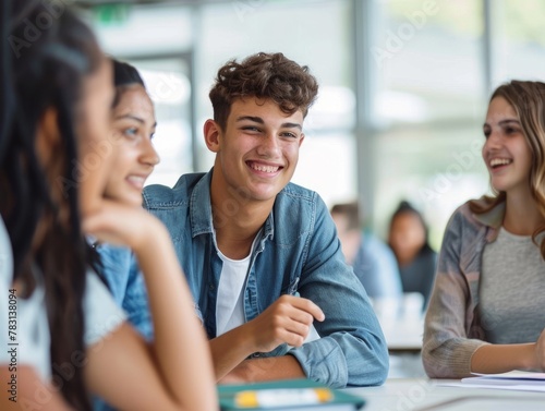 Smiling Teenagers Leading Casual Corporate Meeting, Friendly Atmosphere, Animated Discussion, Denim Jacket, Informal Hangout Among Friends