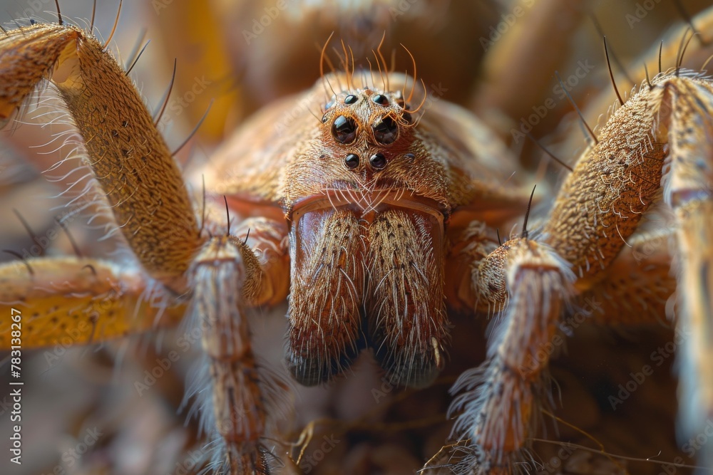 A close-up view of a Huntsman spider crawling on a green plant. The spiders hairy legs and distinctive body markings are visible as it moves along the leaves. A close-up view of a Huntsman spider crawling on a green plant. The spiders hairy legs and distinctive body markings are visible as it moves along the leaves.