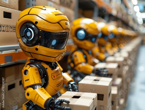 Warehouse robotics technicians maintaining and programming robots for efficiency in the style of stock photo image