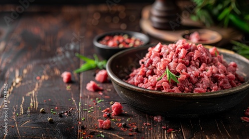 A close-up view of a bowl of fresh raw minced beef on an old dark wooden table background photo