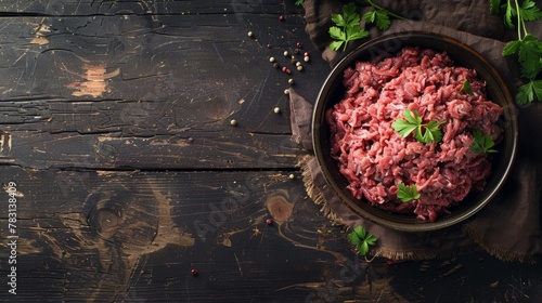 A close-up view of a bowl filled with fresh raw minced beef on an old dark wooden table photo