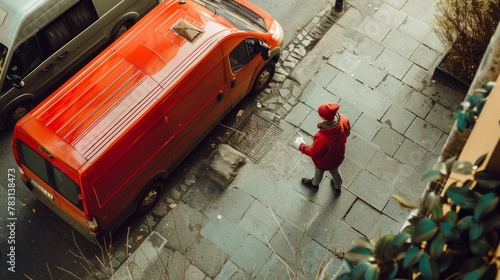 A red car is parked on the side of a road, as seen from a high angle shot