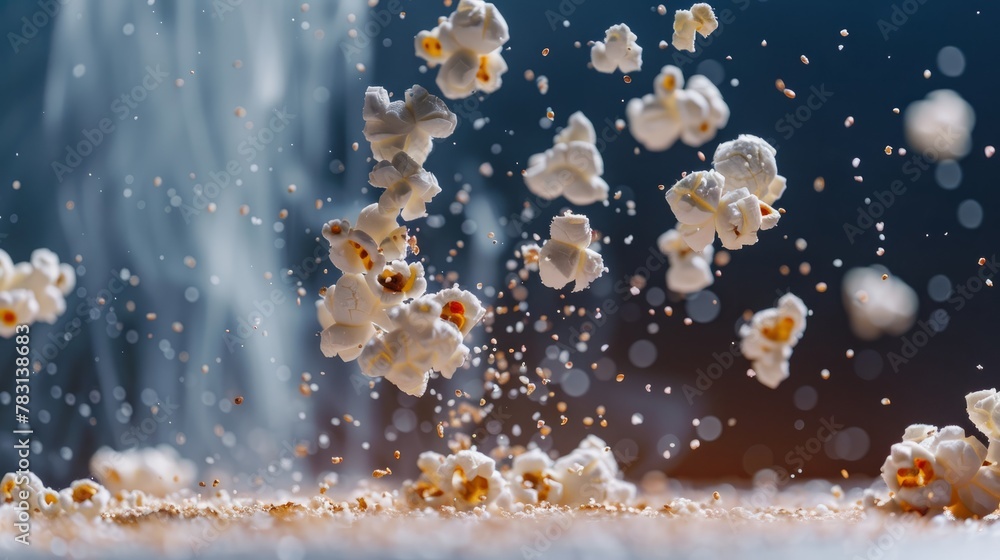 A bunch of popcorn kernels being popped into the air in a hot air popper, capturing the moment of transformation - obrazy, fototapety, plakaty 
