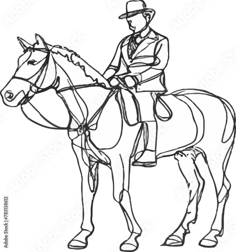 line drawing cowboy riding horse, coloring book 