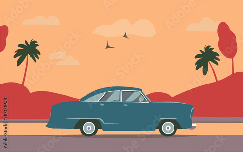 cartoon illustration of a classic car on the road