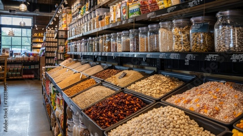 A store filled with different types of food items such as grains, nuts, and dried fruits in designated bulk foods section