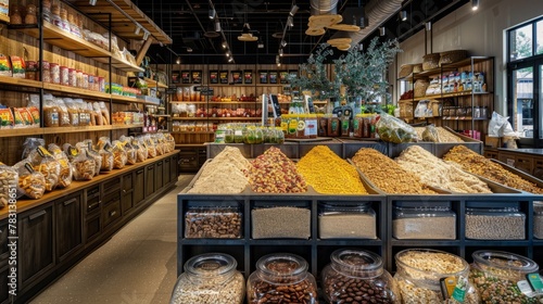 A store packed with diverse food options including grains  nuts  and dried fruits in bins