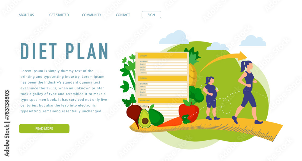 Fototapeta premium Running and losing weight with diet plan and healthy food, tiny people