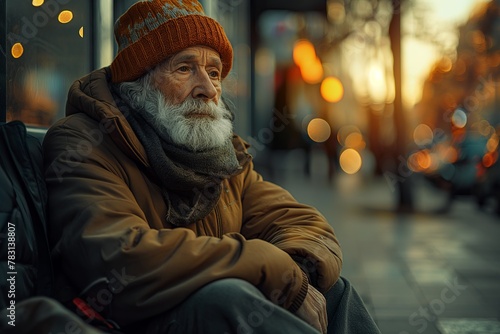 Poor homeless man outdoors on winter day. young or adult man guy, sitting on the street begging, begging, unkempt with a beard, park, autumn, group of people, sunny day portrait or close-up