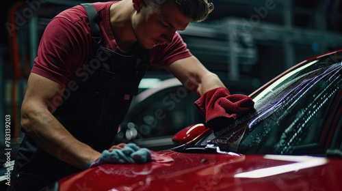 A worker in black overalls and wearing glasses is washing the windows of his red car with yellow microfiber cloths photo