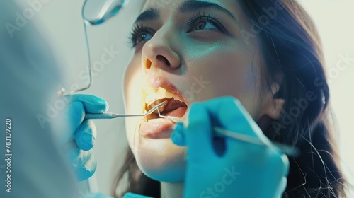 A woman is undergoing a dental examination by a dentist in a clinical setting