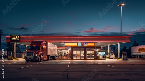 A semitruck parked next to a gas station convenience store with the driver visible inside purchasing snacks or drinks