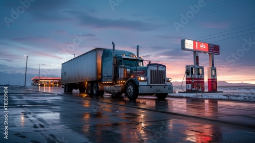 A semi truck is parked at a gas station, refueling before continuing its journey. The fuel station sign is visible in the background