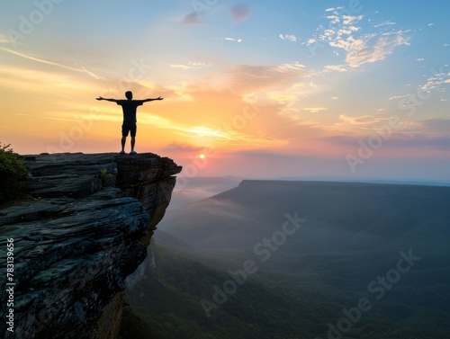 Silhouette Man Standing Arms Outstretched Cliff Edge Sunset Landscape Panoramic View Nature Adventure Freedom Triumph Accomplishment Breathtaking Sky