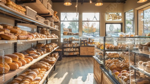 A bustling bakery filled with a variety of fresh bread, pastries, and cakes on shelves, illuminated brightly