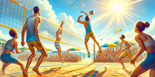 Intense Beach Volleyball Match Under Summer Sun 