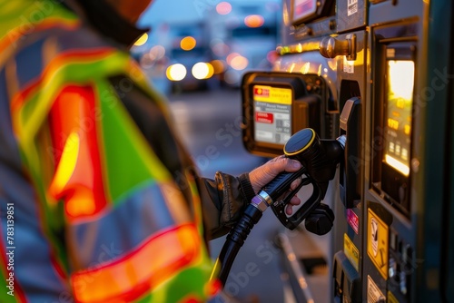 A man in reflective safety vest pumps gas into his car at a gas station. High-angle view captures the routine task