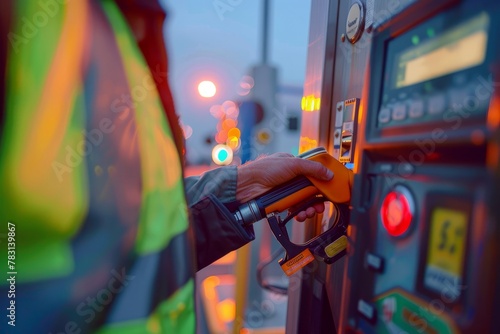 A truck driver in reflective safety gear is filling up a gas pump at a gas station