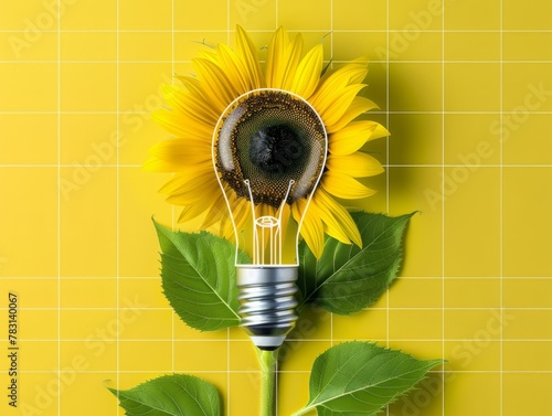Sustainable Living Renewable Energy Concept - Light Bulb with Sunflower Head on Yellow Tiled Background - Environmental Harmony Metaphor photo