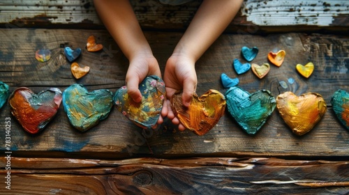 Handcrafted Heart Shaped Designs on Wooden Surface Made by Child as Gifts for Mother photo