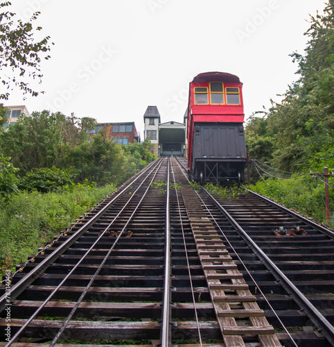 Looking up the Duquesne incline at the funicular rail transportation up mount Washington