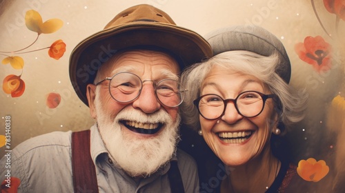 Generative AI Whimsical doodle art portraying grandparents giggling and taking selfies with silly filters at a photo booth. photo
