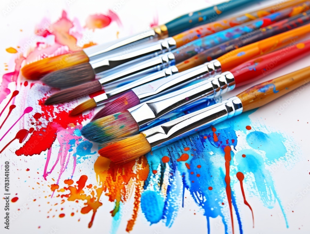 Fototapeta premium Colorful Watercolor Painting Tools - Assorted Brushes, Vibrant Paint Splatters on Surface, Artistic Composition for Creativity