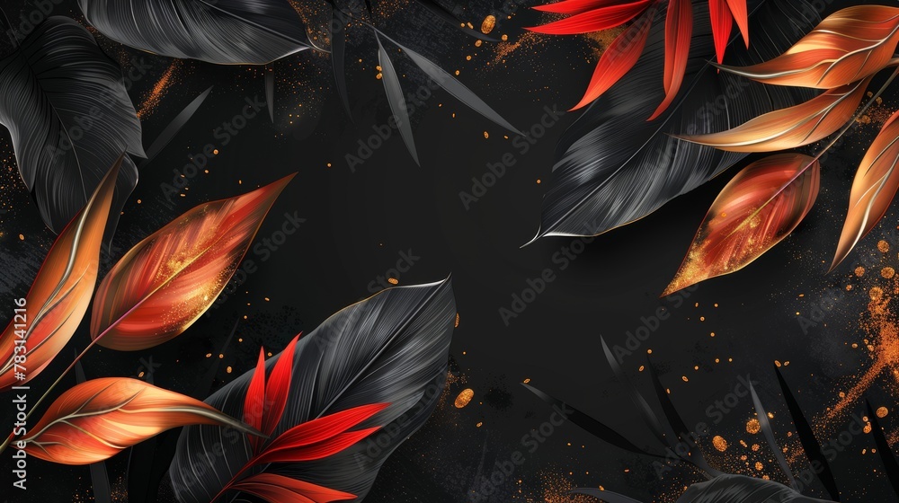 An exotic red heliconia flower on tropical leaves on dark background. A beautiful botanical design with golden smear, jungle leaves, and tropical gold. Inviting card for the wedding, holiday sale,