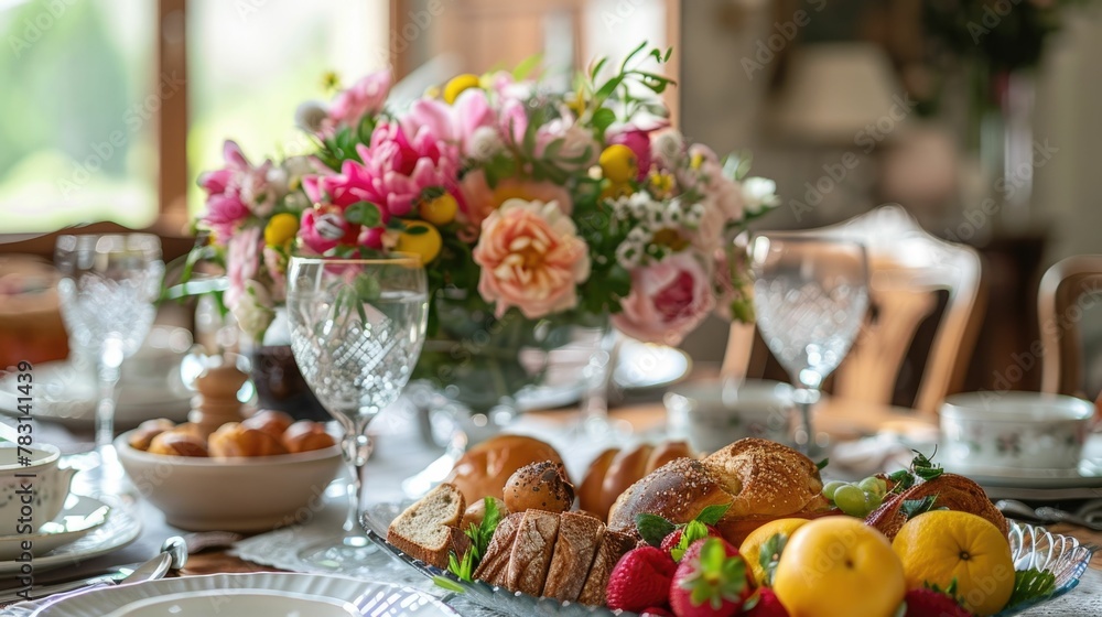 Elegant Mother s Day Brunch Setting with Floral Arrangements and Delectable Treats