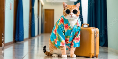 Cute cat wearing sunglasses sitting floor with suitcase. Concept summer vacation.
