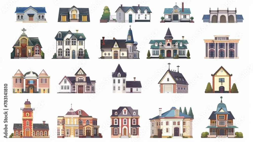Retro colonial style buildings illustrated as a cartoon modern set. Old residential and government buildings, churches, Victorian houses isolated on white