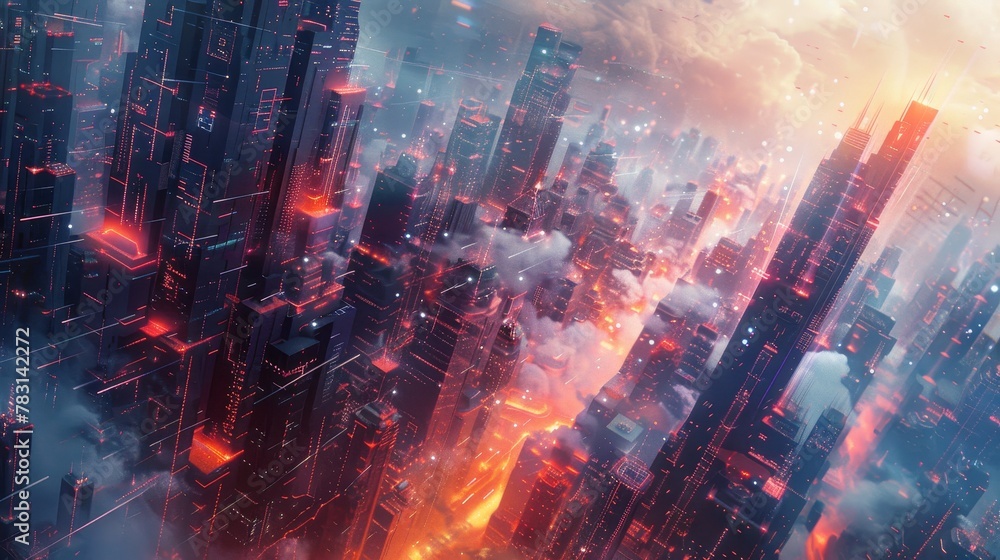 Fototapeta premium Craft a futuristic depiction of cyberspace intertwining with geometric patterns