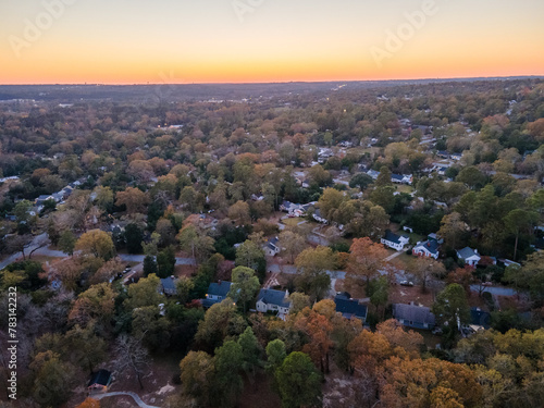 Aerial landscape of forest and Pendleton King Park at sunset in Augusta Georgia photo