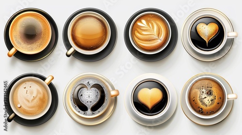 A set of coffee cups with espresso, latte, cappuccino, and cappuccino drinks isolated on a white background. 3d modern clip art.