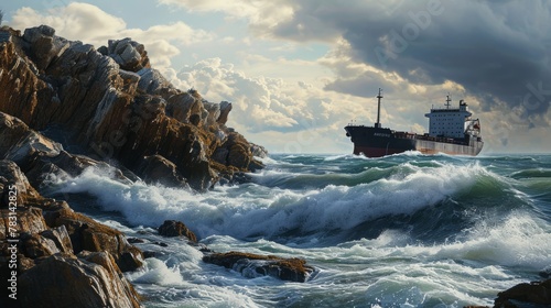 Generative AI Cargo ship passing by rocky cliffs, turbulent waves, detailed and dynamic photorealistic depiction