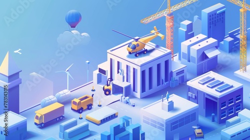 Defining audience segments using data management platform isometric landing page. Helicopters and forklifts building info blocks 3D modern web banner.