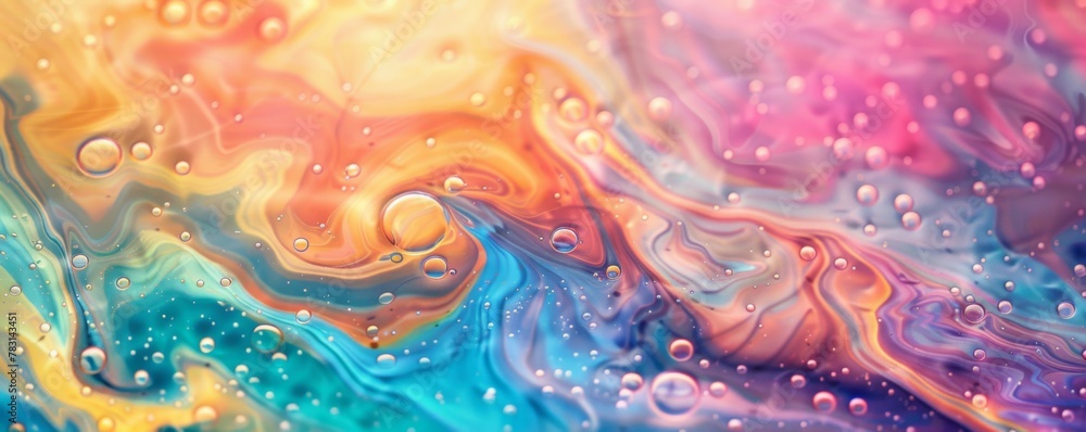a close up of a colorful painting with bubbles in it