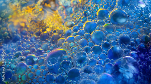 Ethereal Blue Bubbles with Golden Hues and Rainbow Flares. Generative AI