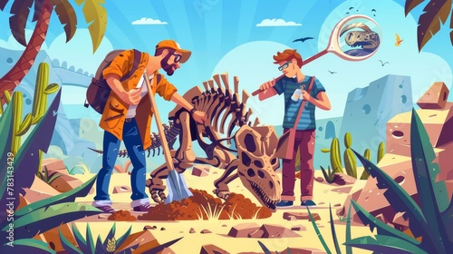 Cartoon illustration showing archaeologists and paleontologists digging soil layers with shovels and exploring artifacts found in found caves, studying dinosaur fossil skeletons and bones.