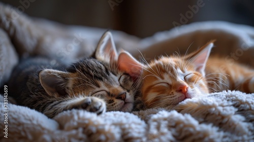Craft a heartwarming scene of a pet and its littermates sleeping together in a cozy bed