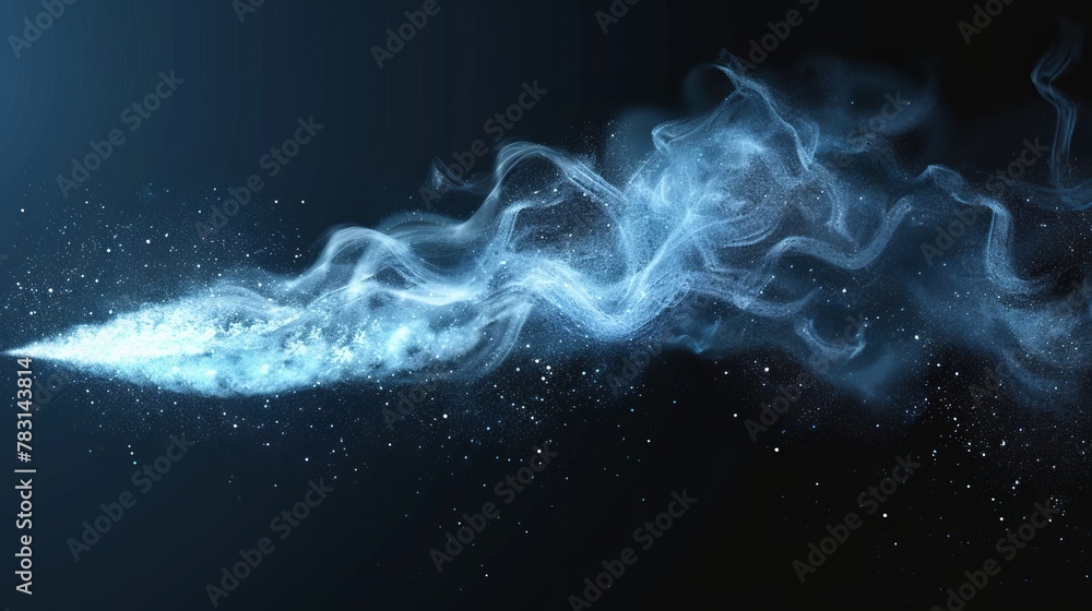 Obraz premium Spray of white dust isolated on transparent background. Modern realistic set of curve smoke or powder with particles flowing from aerosol, blue stream of spraying cosmetic or fragrance.
