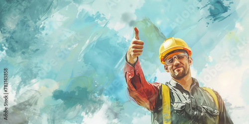 Smiling construction worker with hardhat shows thumbs up, watercolor painting, background