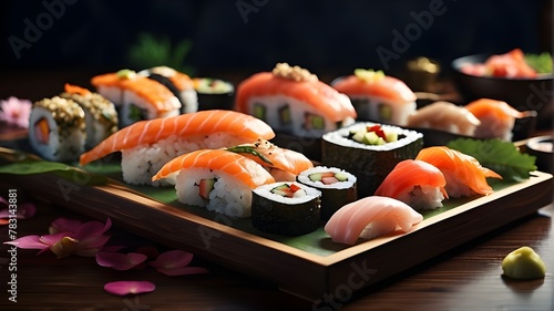  "Digital illustration featuring sushi on a dark background, with a focus on artistic presentation and composition, using a minimalist art style to emphasize the elegance and simplicity of sushi, insp