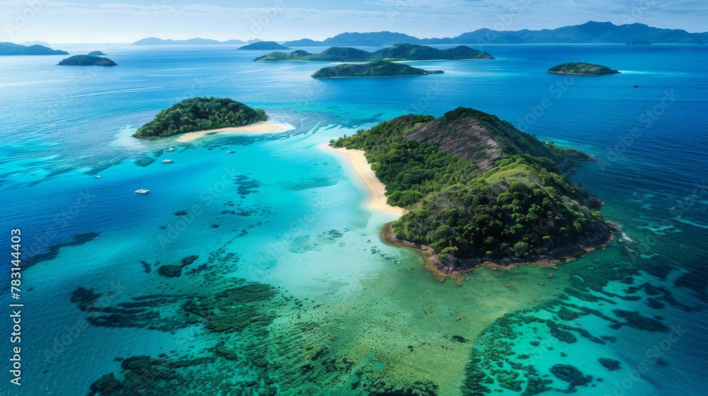 An aerial view captures a secluded island oasis surrounded by vibrant coral reefs