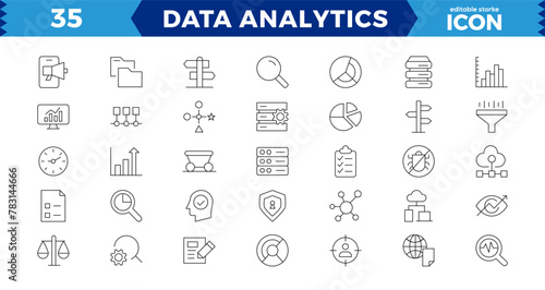 Data analytics web icons set in thin line design. Pack of database, big data process, optimization, backup, chart and other. Vector outline stroke icon design editable stroke.