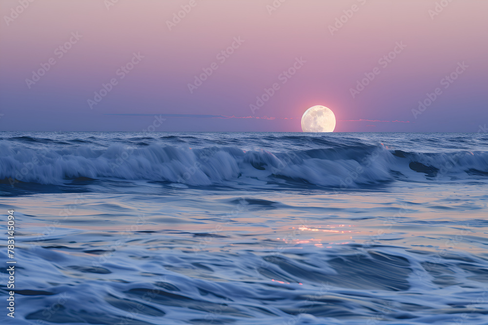The moon shines brightly on the ocean, creating a serene and peaceful atmosphere. The waves are gently lapping at the shore, and the sky is a beautiful shade of pink and purple. Generative AI