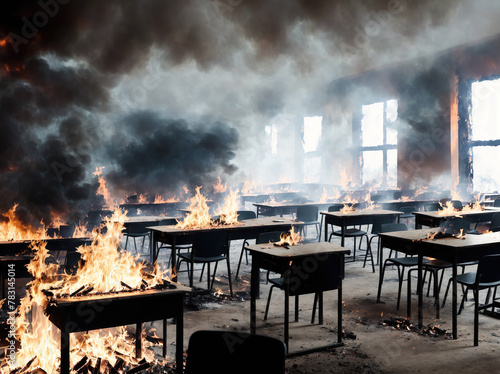 A classroom filled with desks and chairs, with flames burning in the background.